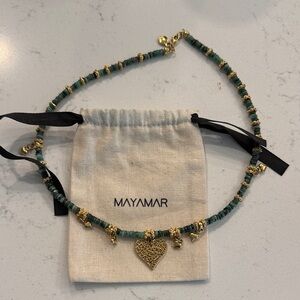Mayamar Gold Heart Charm Necklace with Green Beads